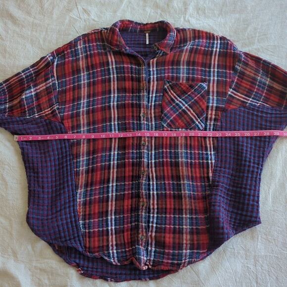 Free People Shirt Medium Red & Blue Plaid Long Sleeve Guaze Knit Tunic Button-up - Picture 4 of 7